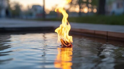 Poster - A flame burning in water creating an orange reflection against a soft-focused background. The light casts a warm glow, highlighting the water's ripples and the fiery dance above