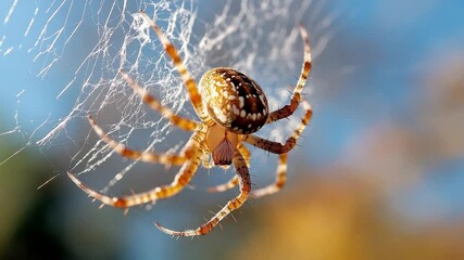 Poster - Close-up of a detailed spider with patterned body on a web against blue sky. Soft focus background with brown and orange hues creates depth
