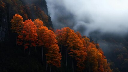 Poster - Panoramic view of autumn trees on a hillside against a foggy backdrop creating a moody landscape scene