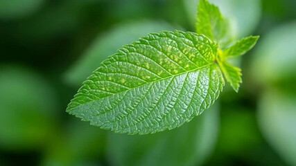 Aufkleber - Close-up of a vibrant green leaf with detailed texture illuminated by natural light set against a blurred green backdrop