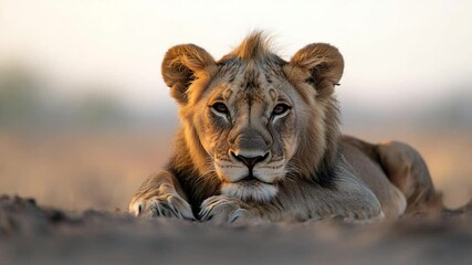 Aufkleber - A young [animal] resting calmly on the ground with direct eye contact during sunset or sunrise. Warm light highlights the [animal]'s face and fur creating a peaceful scene