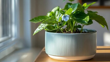Poster - A vibrant close-up showcases a potted plant with lush green leaves and a delicate blue flower illuminated by sunlight near a window creating a serene ambiance