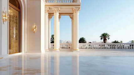 Poster - Luxurious architectural exterior featuring marble flooring elegant columns golden details and a scenic view of the city and palm trees under a clear blue sky