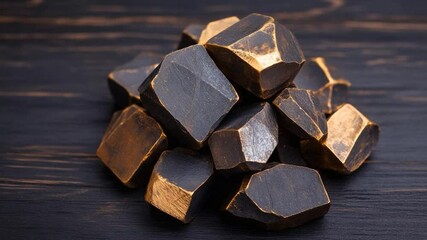 Poster - Close-up of geometric dark wood blocks with gold edges on a dark wooden surface. The composition highlights the interplay of light and shadow creating a textured and tactile visual. Focus on natural
