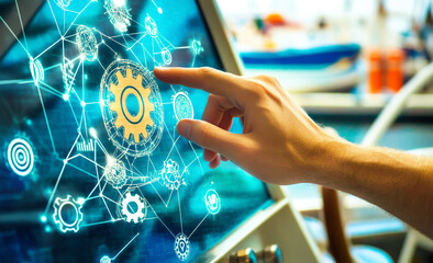 Hand touching gears icon on a digital screen with a technology and network connection concept