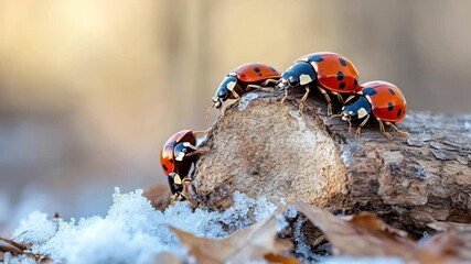 Poster - Close-up of insect on a piece of wood surrounded by snow and leaves with a blurred warm background