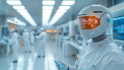 Poster - Futuristic robot with a white helmet and orange visor in a bright laboratory setting. The robot holds a tablet with other workers in white suits and futuristic technology in the background