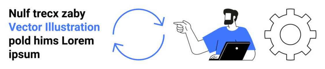 Man gesturing toward circular process and gear icon with laptop emphasizing collaboration, process improvement, and teamwork. Ideal for workflow, optimization, system design, technology, business