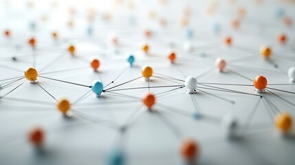 Colorful pins connected by lines on a white surface representing a network or connection concept