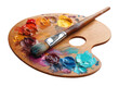 © Bismillah - Wooden art palette with colorful oil paint blobs and a paintbrush, isolated on transparent background. Art, Creativity, Painting.