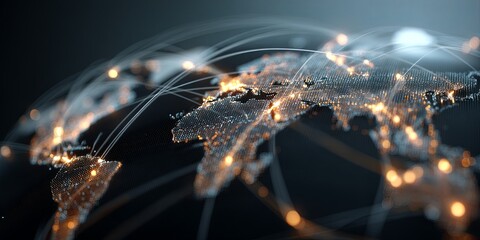 Poster - Global Network Connection Concept with Bright Lights Representing Data Flow Across Continents and Countries, Illustrating Digital Communication and Modern Technology