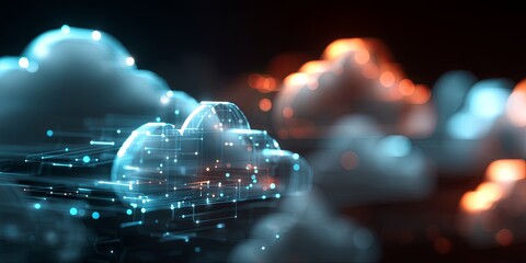 Aufkleber - Digital representation of cloud technology with abstract graphics and glowing elements in a futuristic style, showcasing data connectivity and information transfer