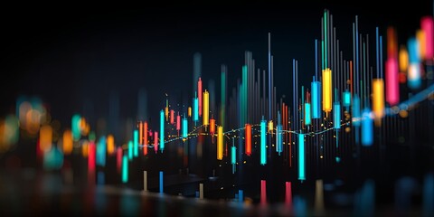 Poster - Abstract Financial Chart with Colorful Candlestick Indicators and Graph Lines in Digital Space Representing Stock Market Trends and Data Analysis