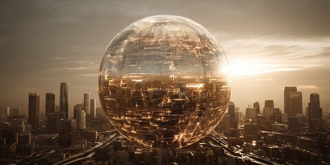 Aufkleber - Stunning Golden Globe with Digital Design Overlooking a Cityscape at Sunset, Emphasizing Technology and Global Connectivity
