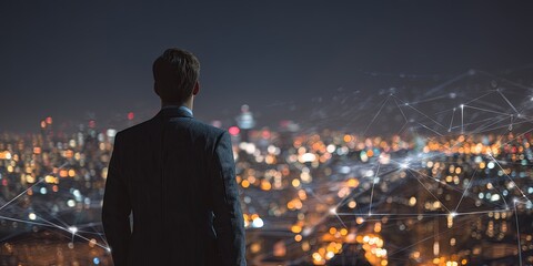 Poster - Businessman Observing Digital World and Global Connections with Modern Cityscape in Background During Night Time