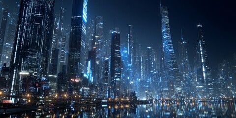 Poster - Futuristic Cityscape at Night with Digital Connectivity and Illuminated Buildings Reflecting High-Tech Urban Environment