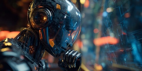 Aufkleber - Thoughtful humanoid robot in a dark, futuristic setting with glowing elements and a digital network background, symbolizing artificial intelligence and technology