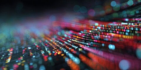 Aufkleber - Abstract representation of binary code flowing in a digital environment showcasing data streams and programming concepts in vivid colors and 3D perspective