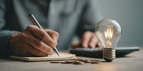 Poster - Business Professional Holding Light Bulb in One Hand While Writing on Notepad and Calculating Finances with Coins on Table