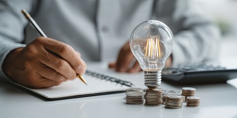 Aufkleber - Business Professional Holding Light Bulb in One Hand While Writing on Notepad and Calculating Finances with Coins on Table