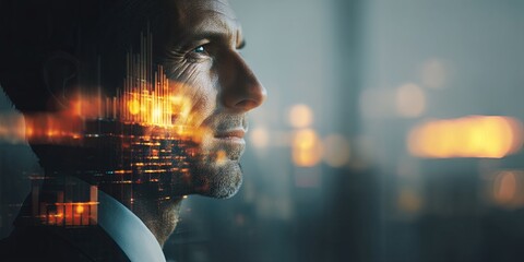 Fototapete - Businessman in Profile with Digital Graphics Representing Data and Technology Innovation in a Modern Workspace Environment