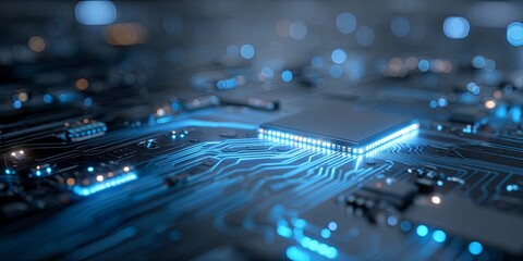 Fototapete - Futuristic Circuit Board with AI Technology and Blue Neon Lights for Digital Innovation and Artificial Intelligence Concepts