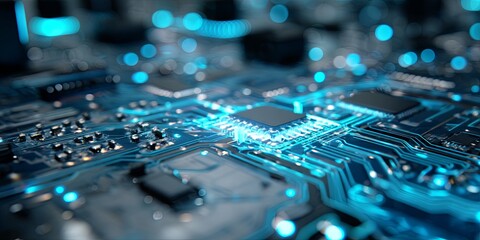 Fototapete - Futuristic Circuit Board with AI Technology and Blue Neon Lights for Digital Innovation and Artificial Intelligence Concepts