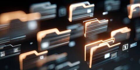 Poster - Digital Data Transfer Concept with Floating File Folders and Technology Icons Representing Modern Information Sharing and Cloud Computing Systems