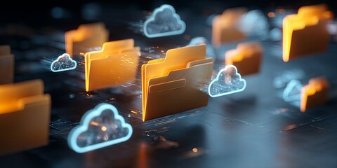 Poster - Digital Data Transfer Concept with Floating File Folders and Technology Icons Representing Modern Information Sharing and Cloud Computing Systems