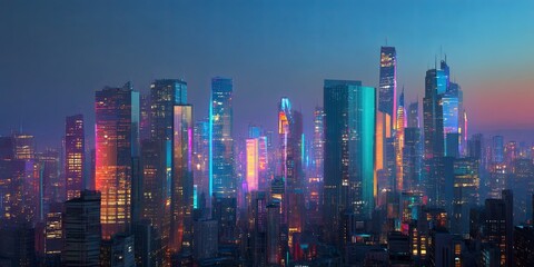 Aufkleber - Futuristic Urban Cityscape with Vibrant Neon Lights and Colorful Skyscrapers at Dusk in Modern Metropolis Atmosphere