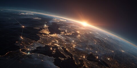 Poster - Global Connectivity with Location Pins Over Earth at Sunrise Highlighting Urban Areas and Networks in Europe for Technological Background