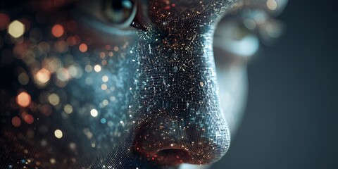 Aufkleber - Abstract digital face with glowing particles and cosmic background representing artificial intelligence, technology, and human emotions in a futuristic setting