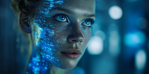 Fototapete - Futuristic Female Portrait Surrounded by Digital Data and Light Patterns in High-Tech Corridor with a Stunning Blue Glow and Cyber Aesthetic