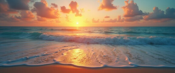 Poster - Serene golden sunset paints the ocean with shimmering light, reflecting off gentle waves rolling onto a sandy beach