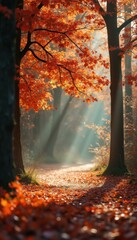 Aufkleber - Autumn Forest Path with Sun Rays Illuminating Fallen Orange Leaves, Creating a Serene and Beautiful Fall Landscape