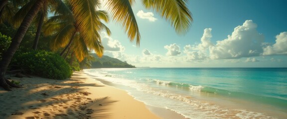 Leinwandbilder - Tranquil Beach Paradise: Palm Trees, Azure Waters, and Pristine Sand