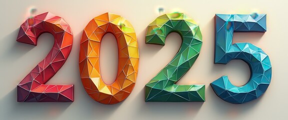 Fototapete - Vibrant Faceted Numbers Spelling Out 2025, Geometric Style, Polyhedral Design, Colorful Digits on Clean Background