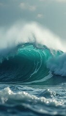Poster - Powerful turquoise wave crashing in the ocean with textured white foam and glistening water droplets under a bright sky.