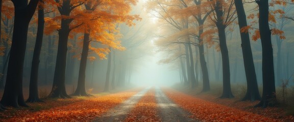 Aufkleber - Autumn path with road covered in fallen leaves surrounded by majestic trees under soft misty light