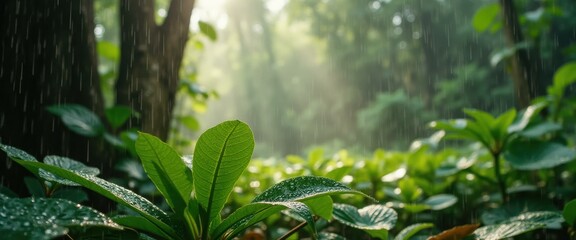 Aufkleber - Lush greenery in a rainforest environment under gentle rain, creating a serene, tranquil, and refreshing atmosphere