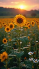 Aufkleber - Golden Sunflower Field at Sunset: A Serene Scene of Floral Beauty