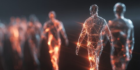 Aufkleber - Abstract representation of virtual human connections with glowing figures and network lines emphasizing digital communication and networking concept