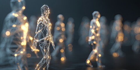 Aufkleber - Abstract representation of virtual human connections with glowing figures and network lines emphasizing digital communication and networking concept