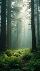 Aufkleber - Forest Sunlight Beams Through Mist, Tall Trees and Ferns, Creating a Serene Woodland Scene