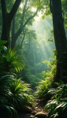 Poster - Sunlit Forest Path: Lush Greenery and Tranquil Pathway in a Dense Woodland Environment