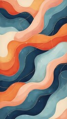 Fototapete - Abstract waves of teal, orange, and beige intersect with subtle golden threads creating a dreamy, fluid digital artwork