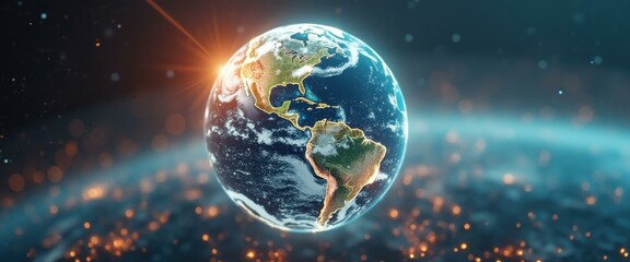 Poster - Earth globe view from space with sun rising over North America and city lights glowing, emphasizing global connectivity