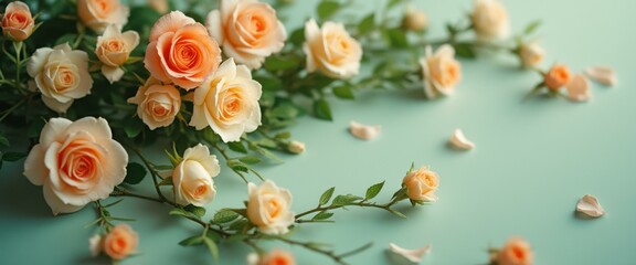 Leinwandbilder - Delicate peach and cream roses on a serene mint background for elegant design