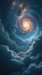 Poster - Cosmic Swirl: Ethereal Nightscape with a Spiraling Galaxy Emerging from Celestial Clouds, Illuminated by a Radiant Core