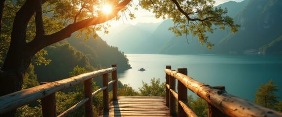 Poster - Tranquil wooden walkway overlooking a serene lake, surrounded by lush mountains and bathed in the warm glow of the rising sun